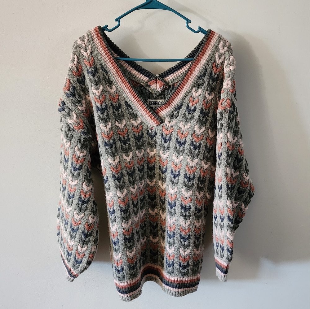 Cottage Core Chunky Woven Sweater Womens Size M Gray Mauve Kerrick Vneck - Picture 2 of 10